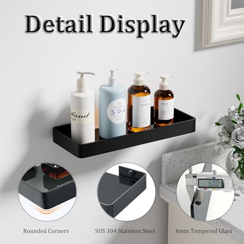 11.8-Inch Black Glass Floating Wall Shelf, Stainless Steel Bathroom Organizer