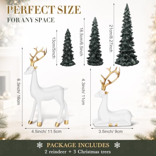 Pinkunn 5 Pcs White & Green Christmas Reindeer & Tree Decor Set for Holiday Tabletop
