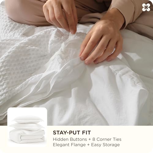 100% Cotton Waffle Duvet Cover Set - 3 Piece Queen Bedding, White
