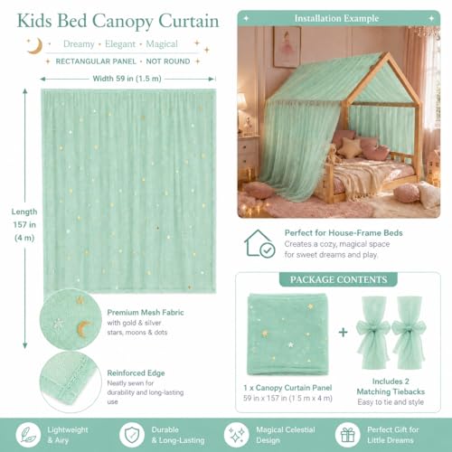 Green Star and Moon Bed Canopy Tulle Curtain for Girls Room, 60x158 Inch
