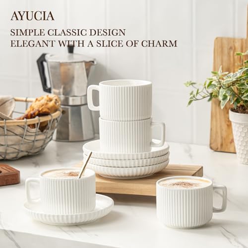 AYUCIA White Cream 8oz Cappuccino Cups Set of 4 with Saucers & Spoons