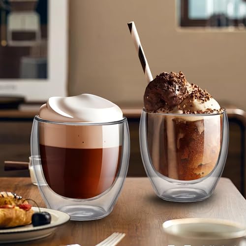 8oz Set of 4 Double Walled Borosilicate Glass Coffee Mugs - Insulated Hot Beverage Cups