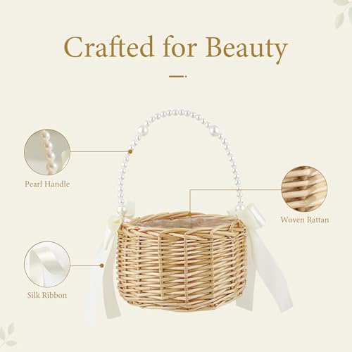 Hand-Woven Rattan Flower Girl Basket with Pearl Handle and Satin Bows