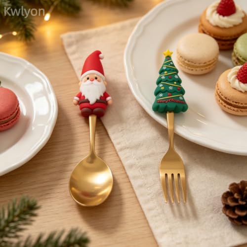 Christmas Gold Flatware Set 2 Pieces - Santa Spoon & Tree Fork with Silicone Handles