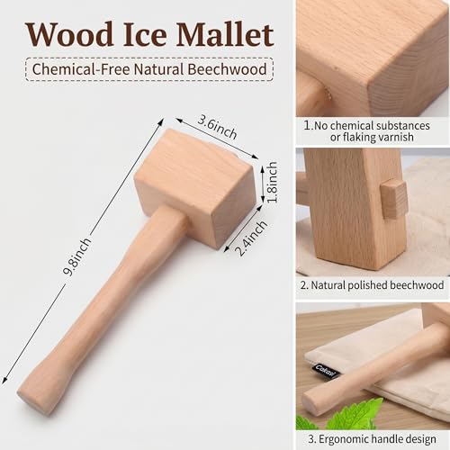 Cakasi Lewis Bag and Ice Mallet Crush Set - Wooden Ice Hammer & Reusable Canvas Bag for Cocktails & Drinks