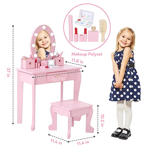 Kids Vanity Table and Stool Set with Lighted Mirror and Makeup Playset