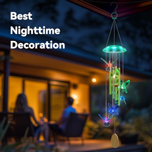 37-Inch Solar Hummingbird Wind Chimes with 7-Color Changing LED Light