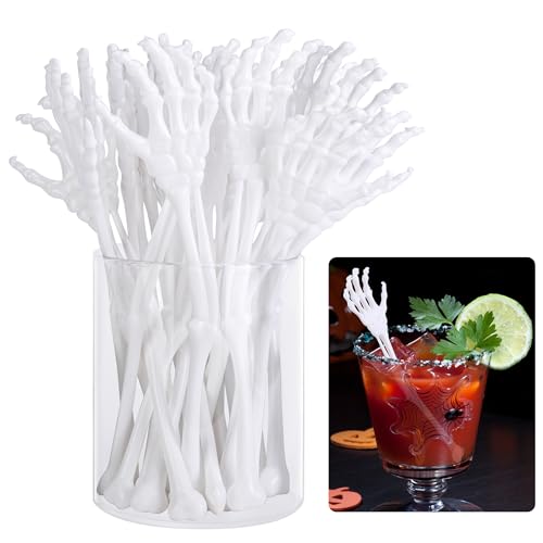 RunNico 25 Pcs Halloween Skeleton Cocktail Stir Sticks - Reusable Skeleton Hand Swizzle, Party Drink Decor