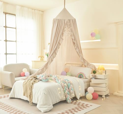 Ruffled Bed Canopy for Girls - Hanging Dome Princess Curtain & Play Tent (Ivory)