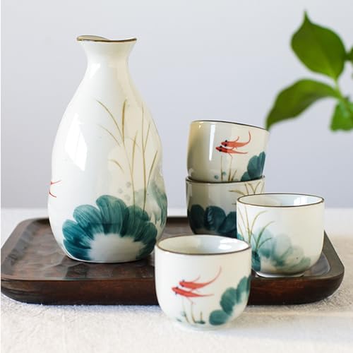 Ceramic Sake Set with Bottle and Cups - Japanese Porcelain Tea & Drinkware