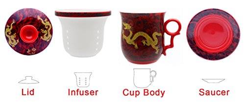 Tea Talent Dragon Red Waves Porcelain Tea Cup Set with Infuser & Saucer – Jingdezhen Chinese Teaware for Loose Leaf Brewing, 350ml