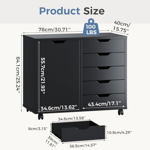 5-Drawer Mobile File Cabinet & Printer Stand with Adjustable Shelf, Black