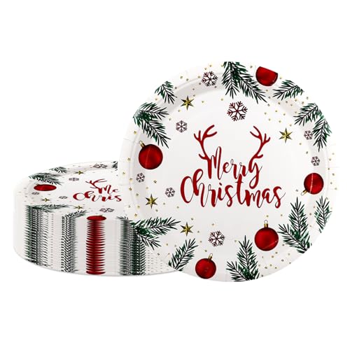 Christmas Paper Plates 50 Pcs 7-Inch Disposable Dinnerware for Holiday Parties
