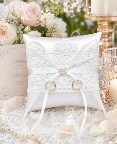 2 PCS Lace Pearl Ring Bearer Pillow Set with Bowknot for Wedding Ceremony