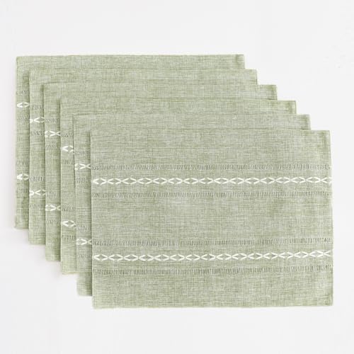 Sage Green Cotton Linen Placemats Set of 6, 12x18 Inch Embroidered Table Mats