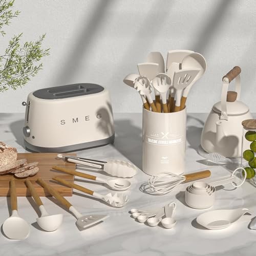 33-Piece Non-Stick Silicone Kitchen Utensils Set with Holder & Wooden Handles