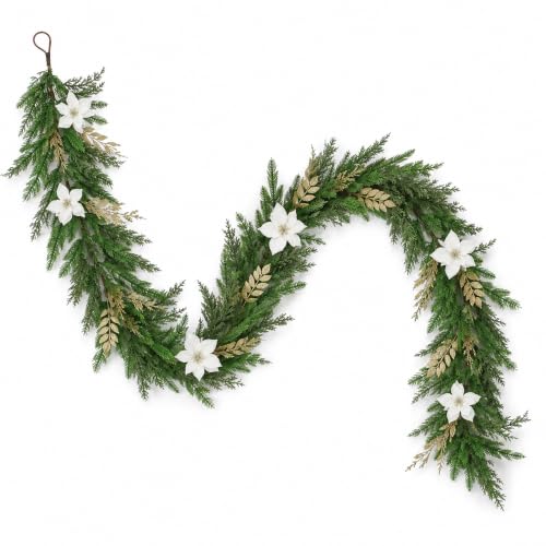 9FT Norfolk Pine Garland - Real Touch Greenery with White Flowers & Gold Leaves
