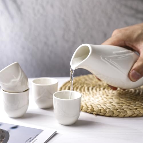 Zioliopaner 5-Piece Japanese Sake Set - White Ceramic Carafe & Cups for Home & Restaurant