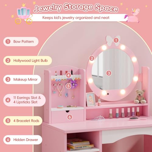 Kids Vanity Table and Chair Set with Lighted Mirror and Storage - Pink