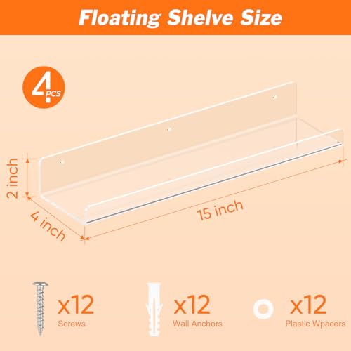 15-Inch Clear Acrylic Floating Wall Shelves - 4 Pack Display Organizer
