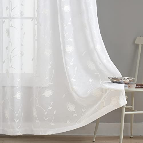 Sheer Embroidered Curtains 52"x72" Rod Pocket Drapes - Set of 2