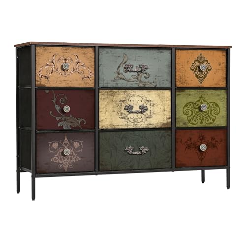 9-Drawer Fabric Dresser with Floral Print, Wide Storage Cabinet for Bedroom