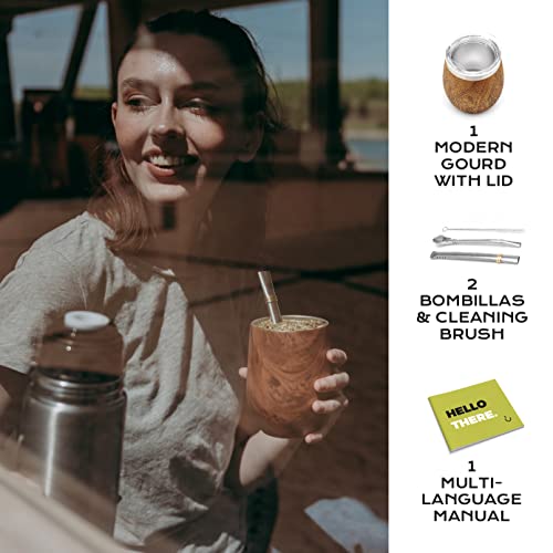 BALIBETOV 12 oz Yerba Mate Set with Ash Wood Cup, Lid, 2 Bombillas & Brush
