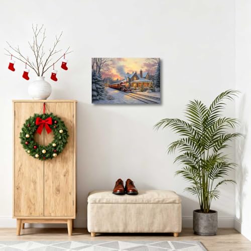 XLMDYYSW Christmas Red Train Wall Art Canvas Print 16" x 24" Winter Scene Cabin Decor