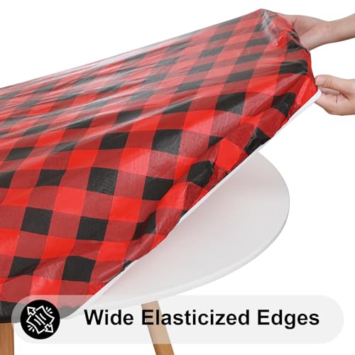 Smiry 57-68 Inch Round Picnic Table Cloth with Flannel Backing, Waterproof Vinyl, Red & Black