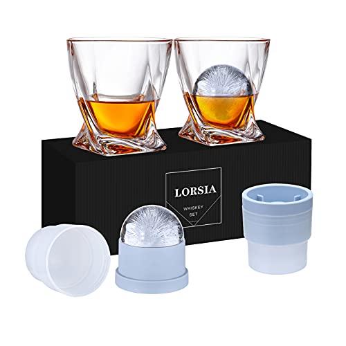LORSIA Whiskey Rocks Glass Set of 4 with Ice Ball Molds - 11 oz Old Fashioned Glasses for Scotch Bourbon & Cocktails