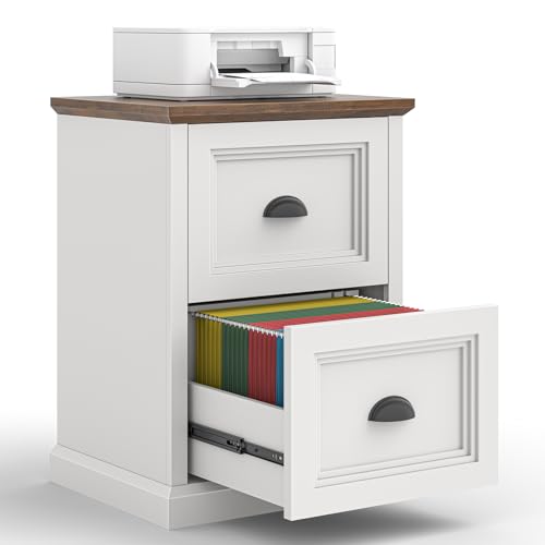 2-Drawer Farmhouse File Cabinet, White Wooden Under Desk Printer Stand