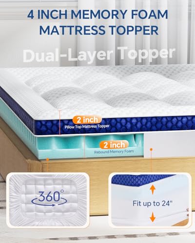BEDELITE King 4 Inch Dual Layer Cooling Gel Memory Foam Mattress Topper