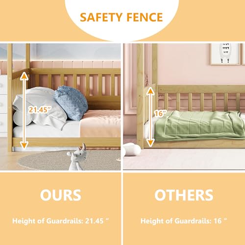 Full Size Montessori Floor Bed Frame with Canopy and Safety Guardrails