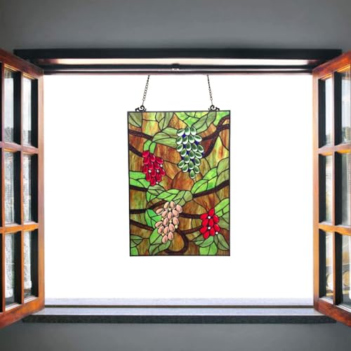Bieye W10065 Grape Tiffany Style Stained Glass Window Panel 13.5x19.5 inches