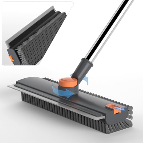 3-in-1 Long Handle Floor Scrub Brush with Squeegee & Stiff Bristles