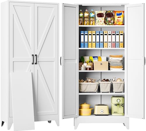 75" Tall Kitchen Pantry Cabinet - White Metal Farmhouse Storage Cupboard