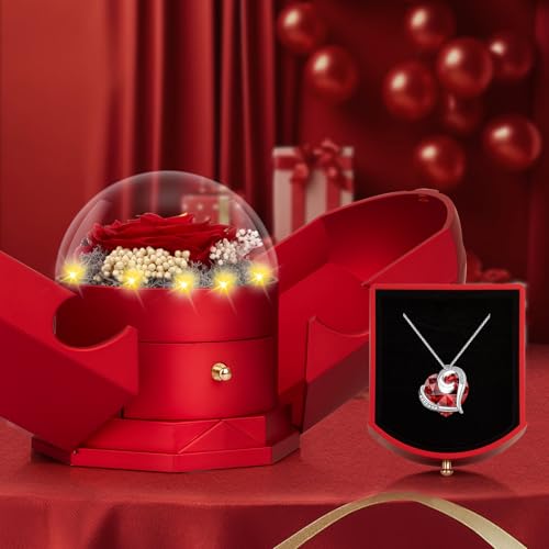Preserved Real Rose Gift Box with Heartbeat Crystal Necklace