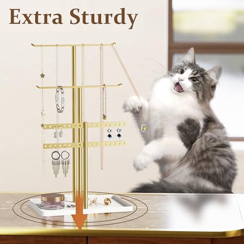 14.5-Inch Gold Jewelry Stand Organizer with Tray for Necklaces