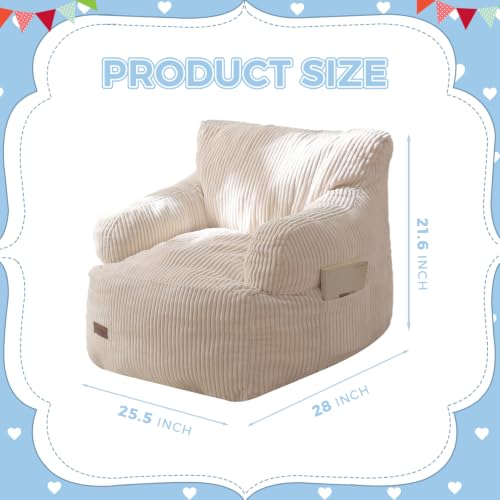 Kids Bean Bag Chair with Side Pocket - Beige Corded Foam Floor Sofa