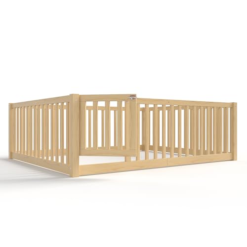 Full Size Montessori Floor Bed Frame with Door and High Guardrail