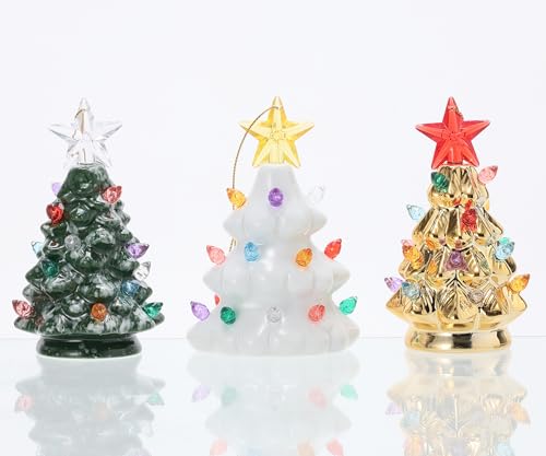 Mini 4.5-Inch Nostalgic LED Ceramic Christmas Tree Set of 3 with Lights, Hanging Ornaments - Holiday Decor