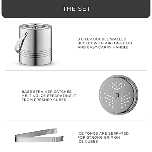 JoyJolt Double Wall Stainless Steel Ice Bucket with Lid & Tongs, 3L