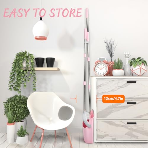 Long Handle Broom and Dustpan Set with Self-Cleaning Comb Teeth, Pink Gray