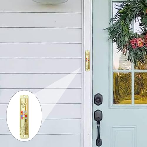 Metal Mezuzah Case with Scroll, 12 Tribes Hoshen Stones, Gold Door Blessing