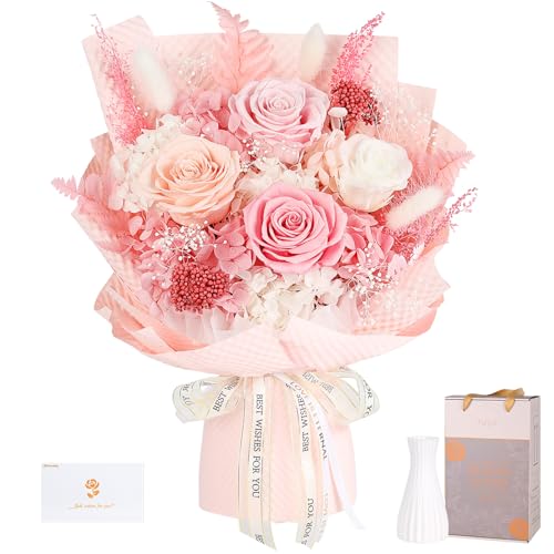 Preserved Pink Roses Bouquet with Vase & Gift Box - Real Forever Flowers