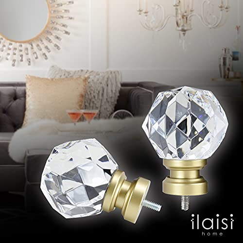 Decorative Crystal Curtain Rod Finials, Round Faceted Gold, Set of 2