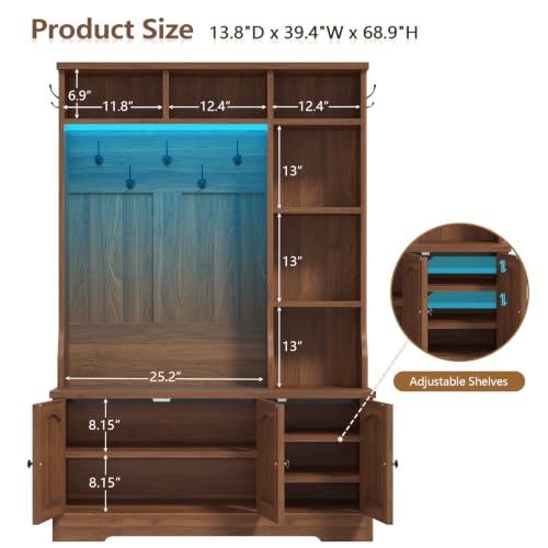 39.4-Inch Hall Tree with LED Lights, Rattan Entryway Bench & Shoe Storage