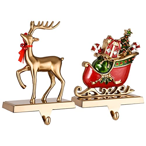 WeddPtyFr 2-Pack Reindeer Stocking Holders Antique Gold | Non-Slip Mantel Hangers