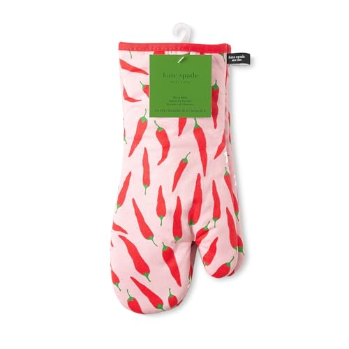 kate spade new york Hot Hot Hot Peppers Oven Mitt 2-Pack Set, Heat Resistant, 100% Cotton, Red/Pink, 7"x13"