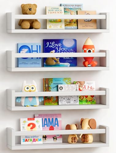 Floating Nursery Book Shelves - Set of 4 White Wood Wall Shelves for Kids Room